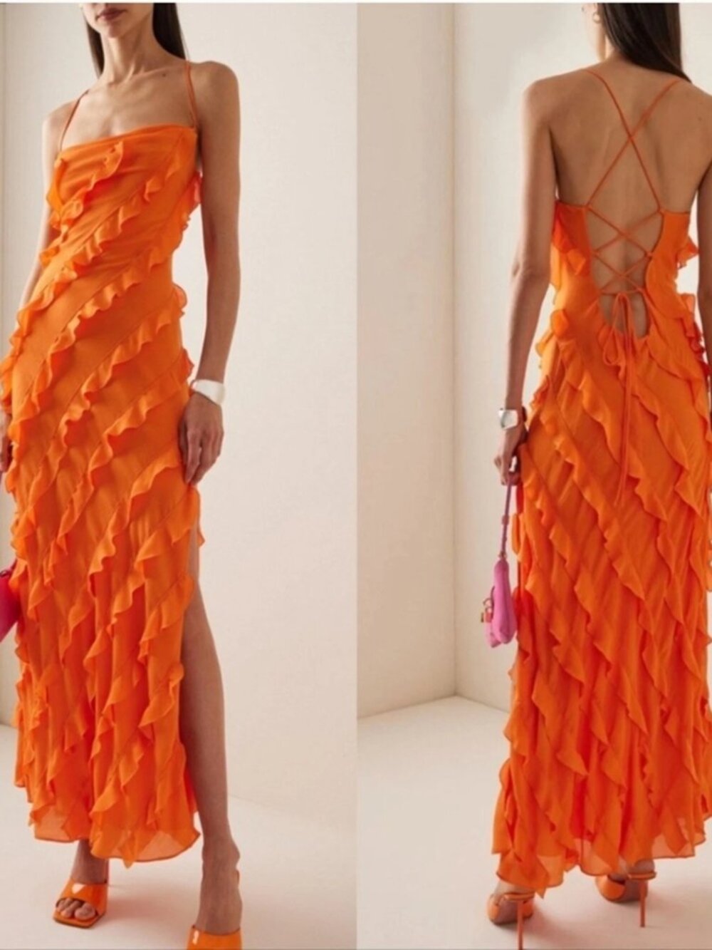 STAUD Elvire Lace-Up Ruffled Crepe Maxi Dress